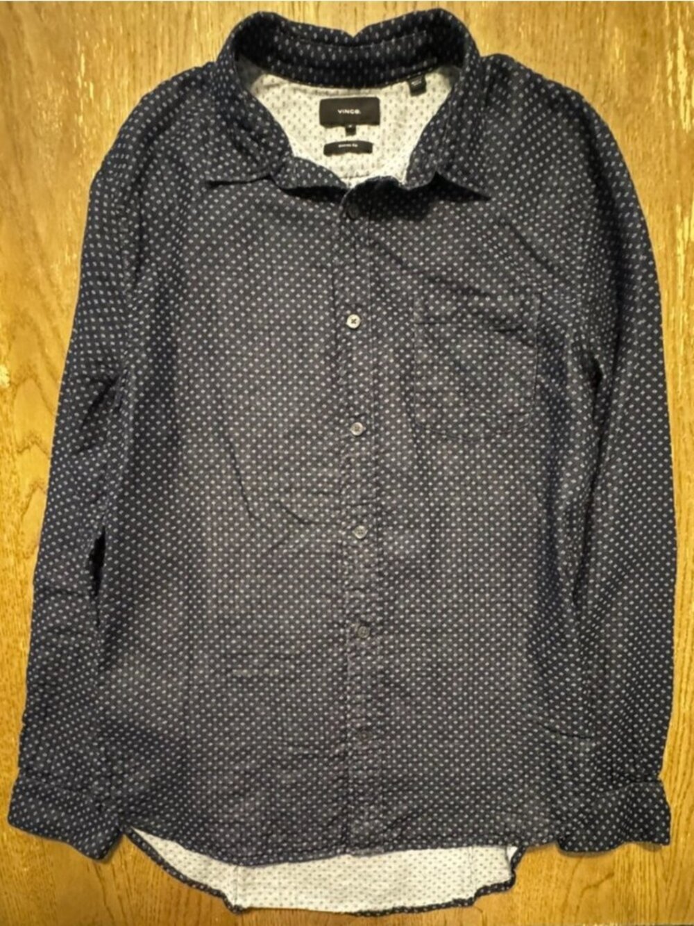 Vince Classic Fit Soft Medium Long Sleeve Cotton Button Up Geometric Navy Shirt